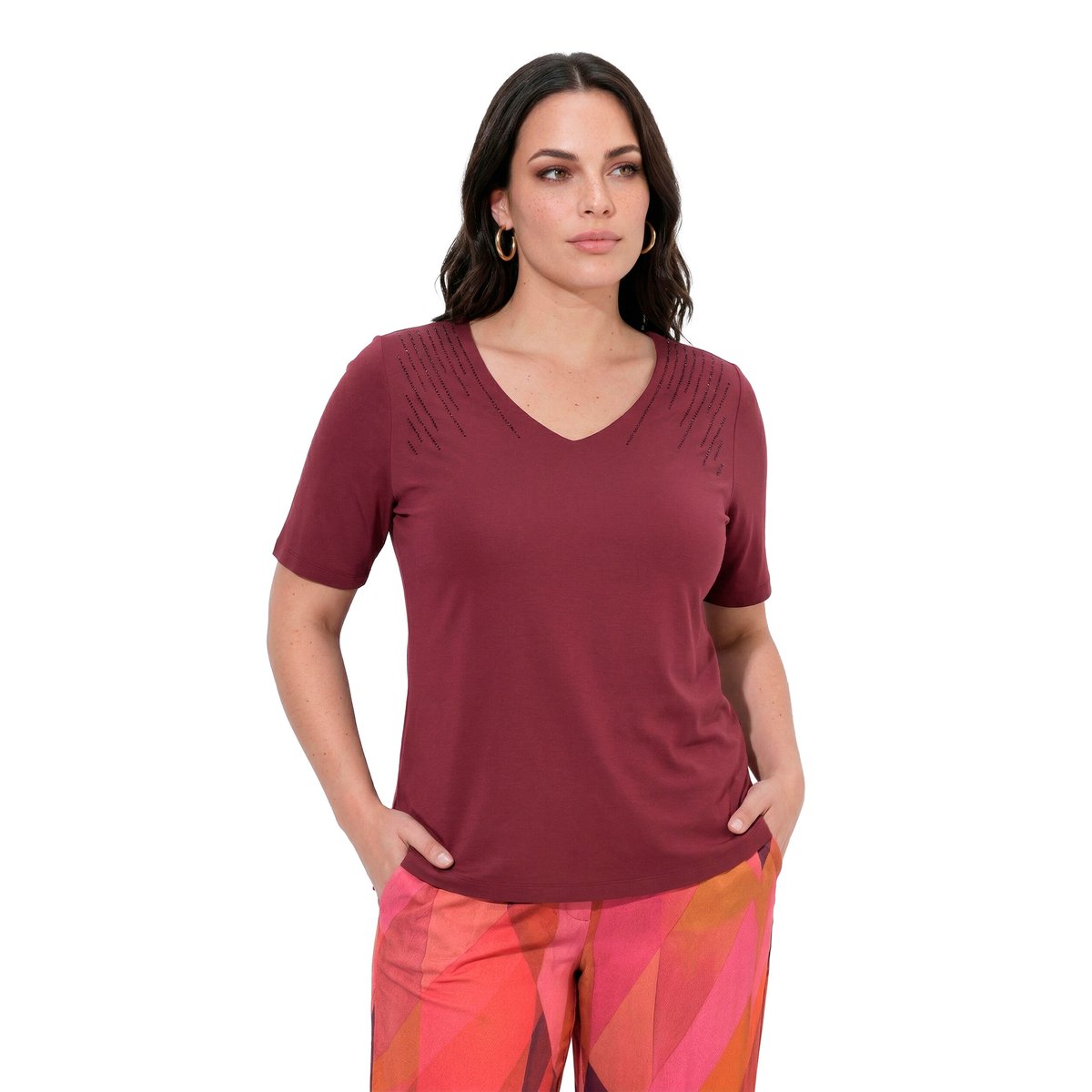 T-shirt avec strass fantaisie rouge vin, ULLA POPKEN