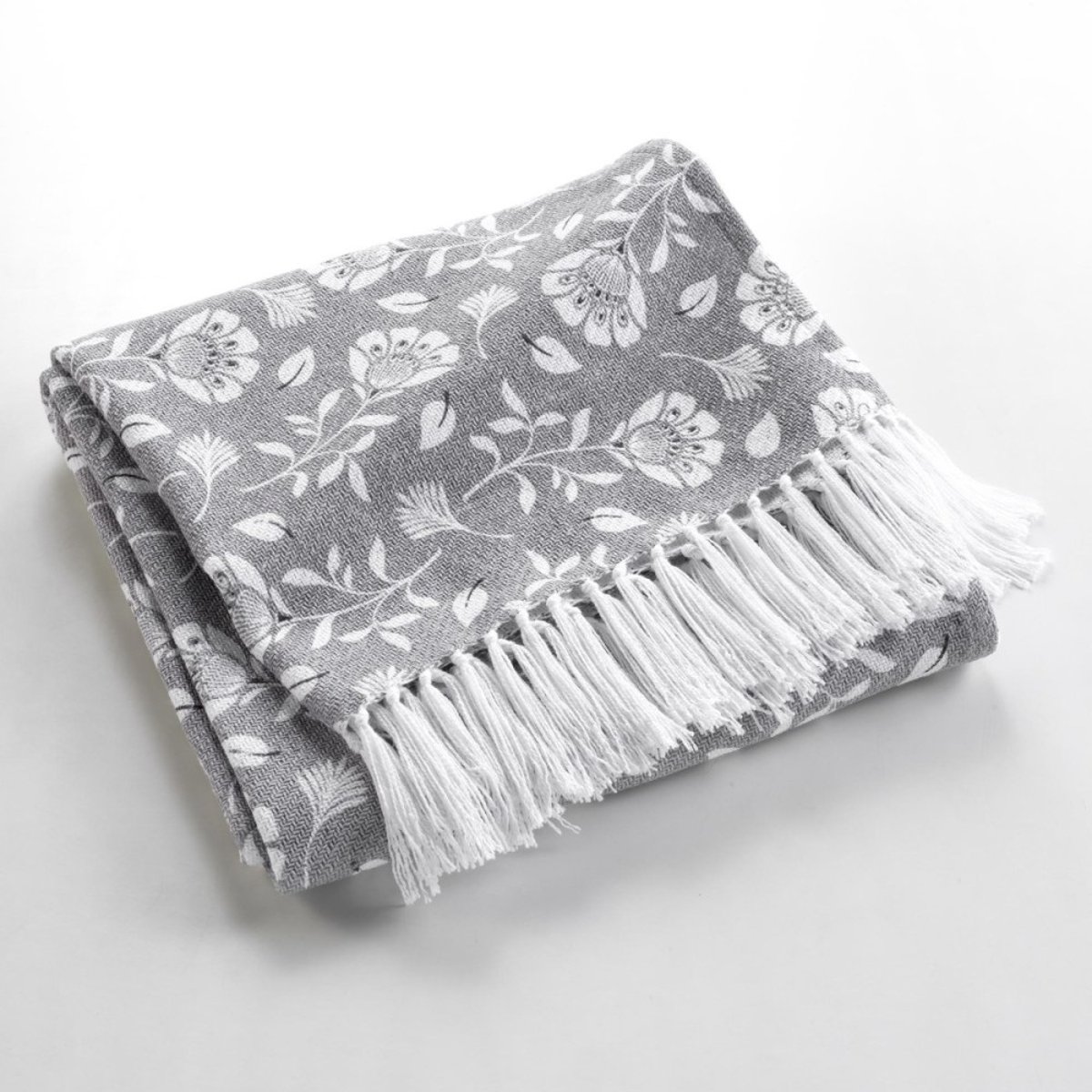 Plaid à franges 125x150 coton polyester imprimé Flavie gris, DECORATIE