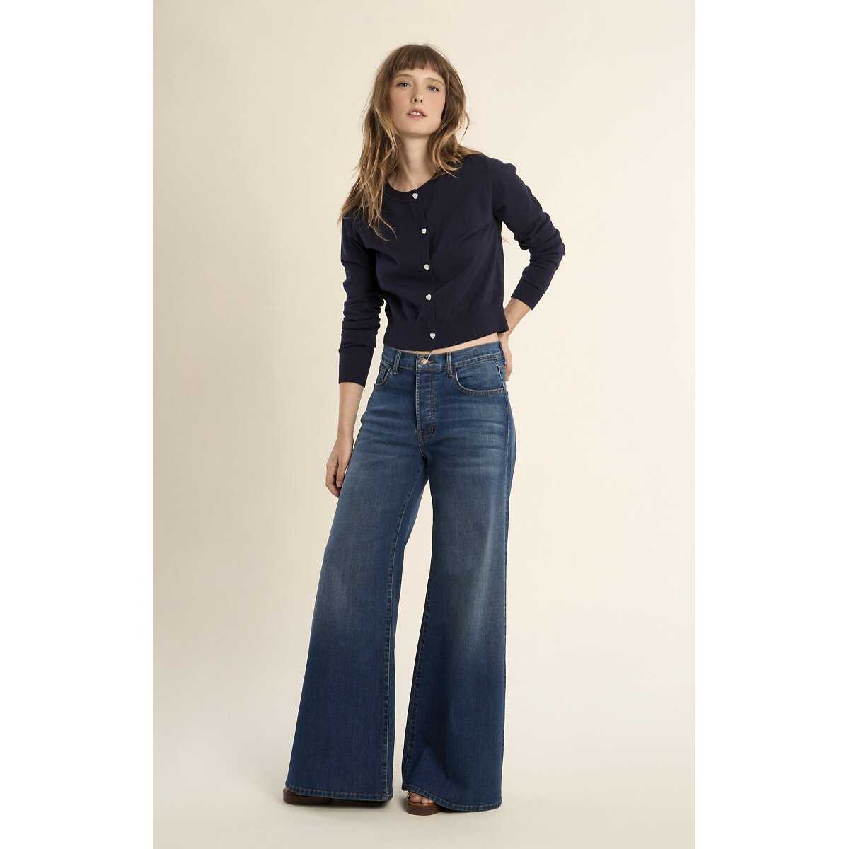 Gilet col rond boutonné bleu marine, MOLLY BRACKEN