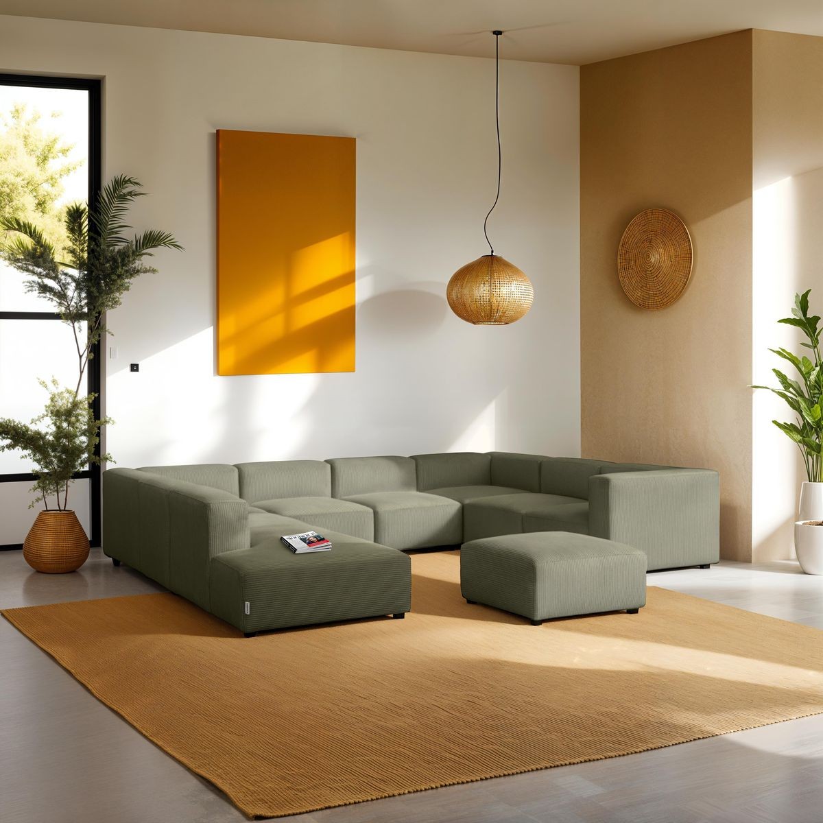 Canapé modulable panoramique 12 places ouvert à gauche en velours côtelé + pouf - MODULO vert kaki, HOMIFAB