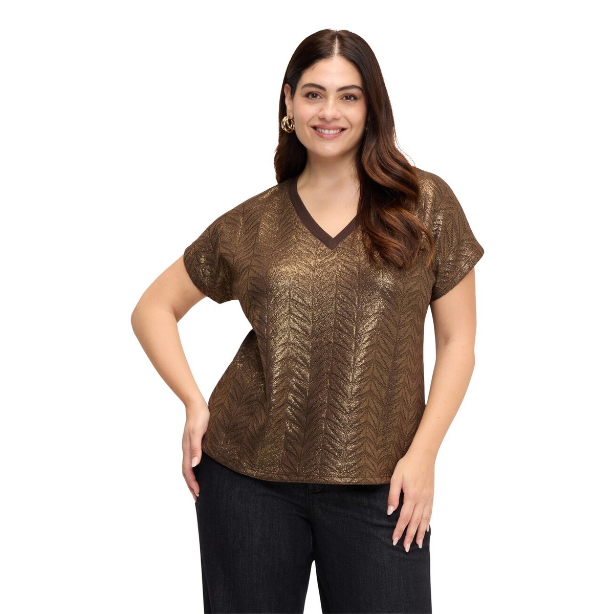 T-shirt col en V marron, FIORELLA RUBINO