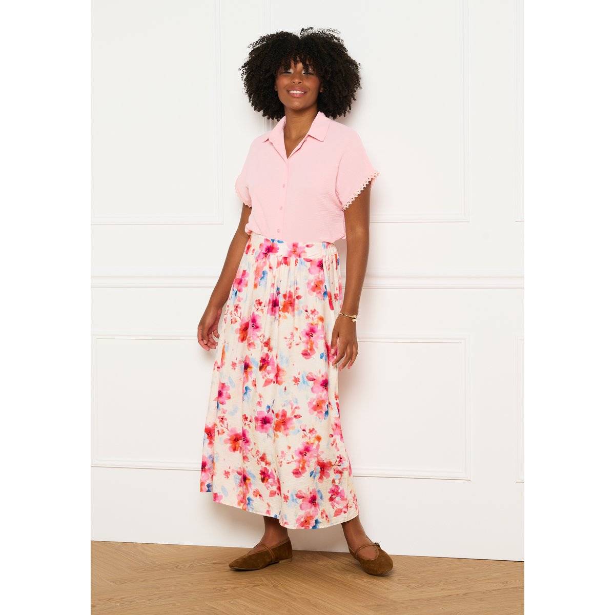 Jupe maxi imprimé fleuri rose clair, LOLALIZA