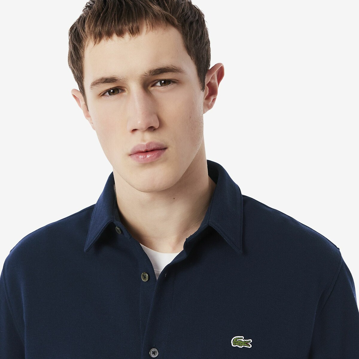 Chemise slim fit en coton piqué bleu marine, LACOSTE