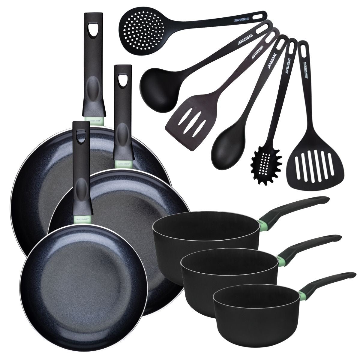 Batterie 3 poêles 24/28/30cm + 3 casseroles 16/18/20cm BRANDAO noir|vert, FACKELMANN