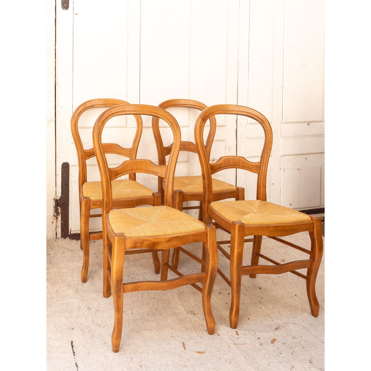 Lot de 4 chaises en bois et paille Claude N°1451 - Bon état bois clair, DEBONGOUT