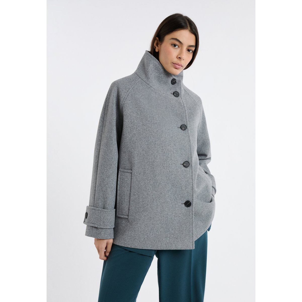 Manteau à col cheminée avec laine A GREG gris clair, ETAM