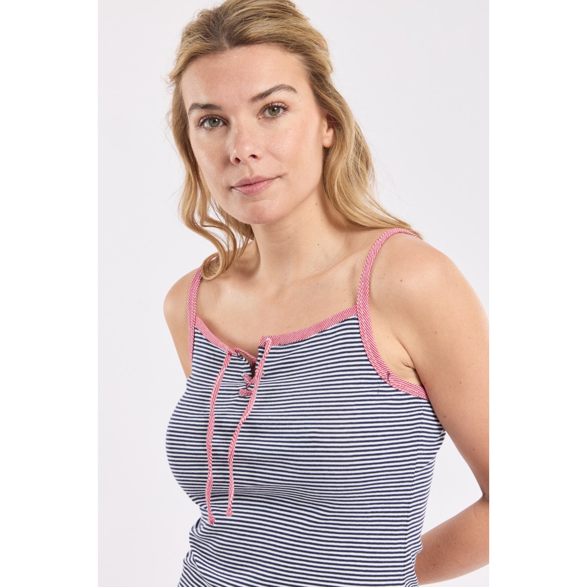 Débardeur rayé à laçage en coton marine deep/blanc, ARMOR-LUX