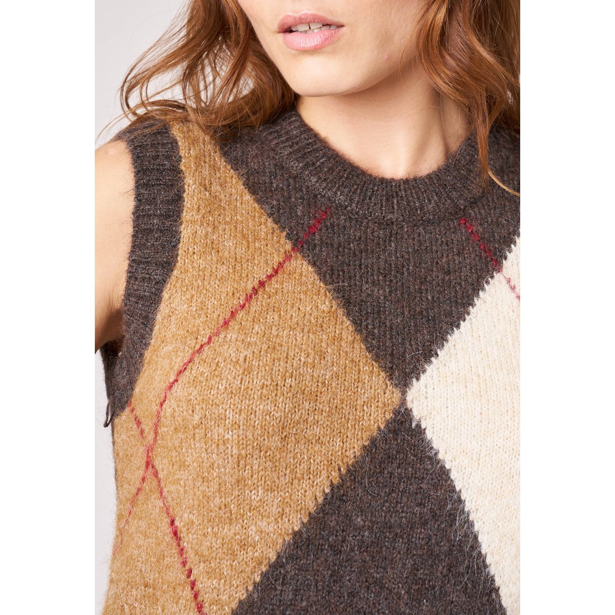 Pull sans manches femme motif losanges BERLIE brown, DEELUXE