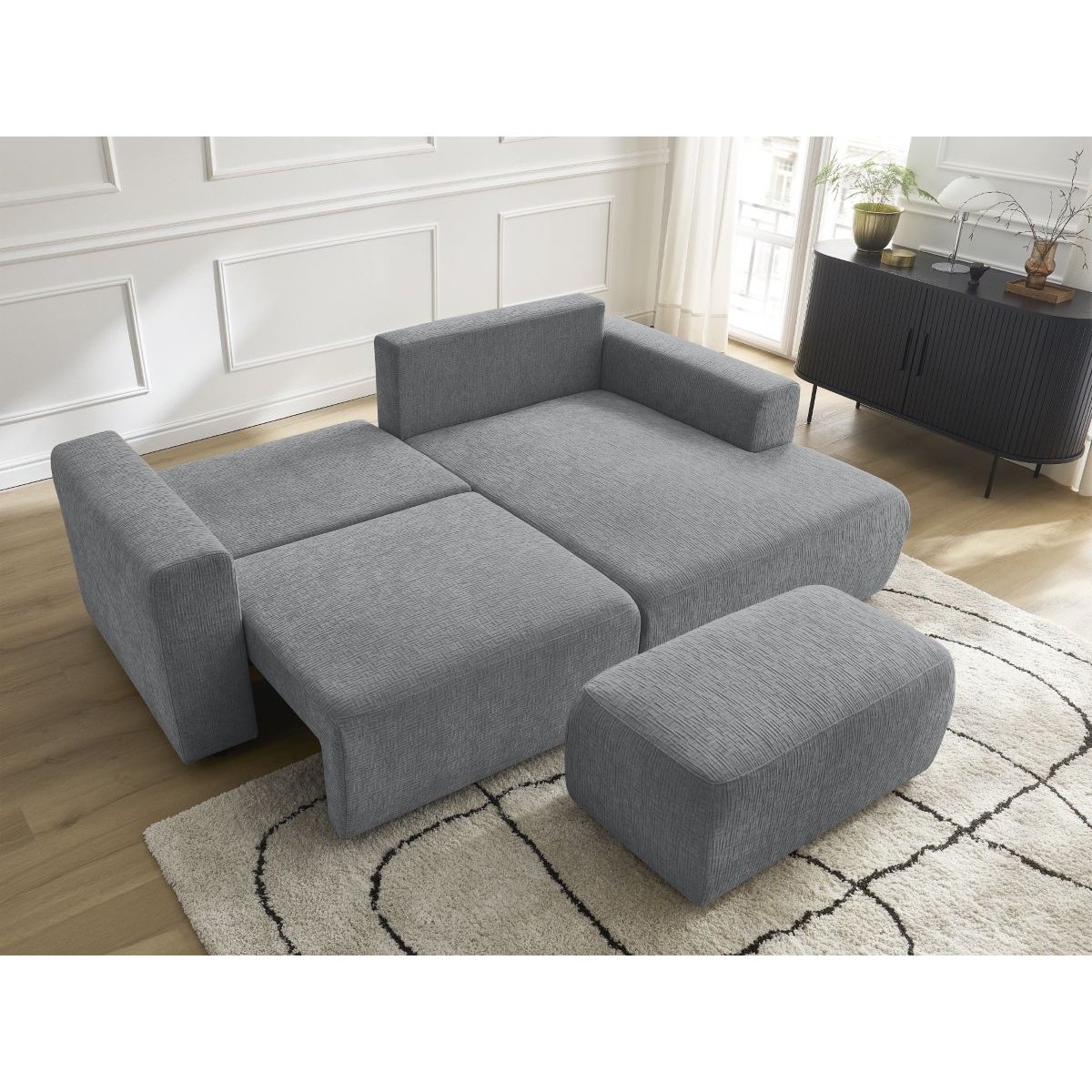 Canapé d'angle convertible 5 places en tissu texturé avec pouf, ATILLA gris foncé, BOBOCHIC