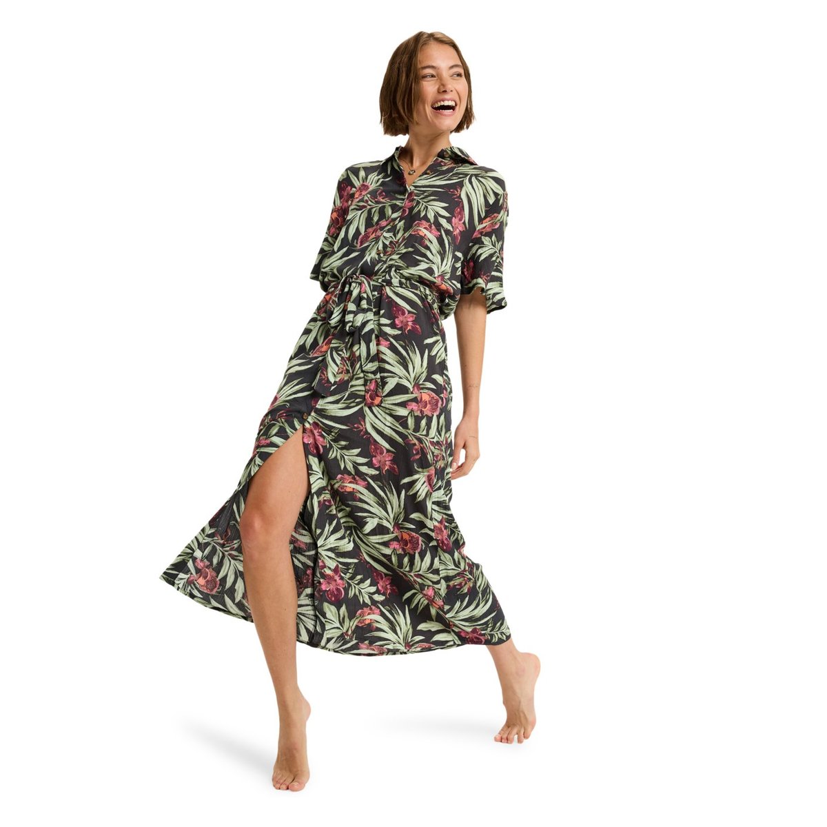 Robe midi à col et boutons sur le devant ISLAND ESCAPE PRINTED. noir phantom wind swept floral crin, ROXY