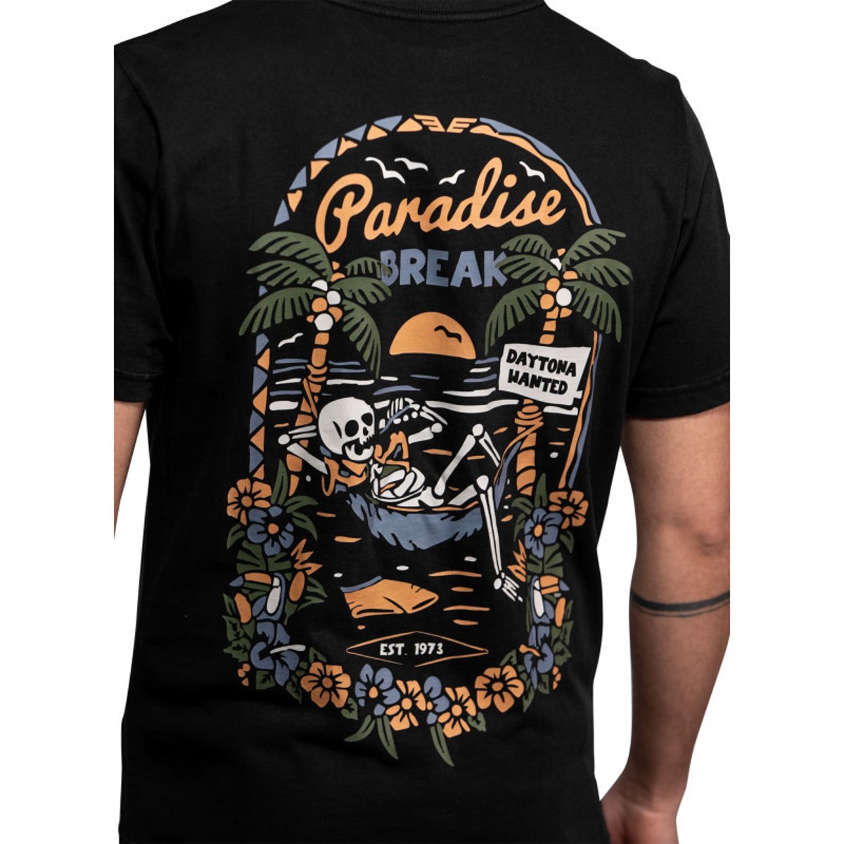 T-shirt Estill en coton noir imprimé à coupe droite pourvu d'un col rond noir, DAYTONA