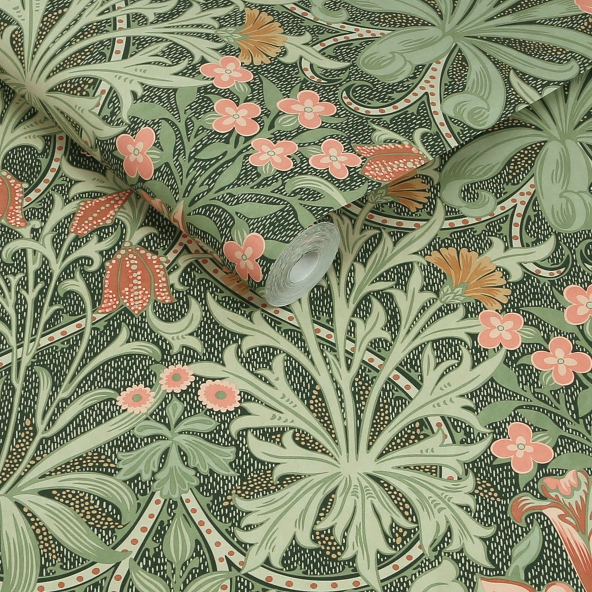 Papier peint fleuri Woodland Weeds Forest vert, corail, ocre, WILLIAM MORRIS AT HOME
