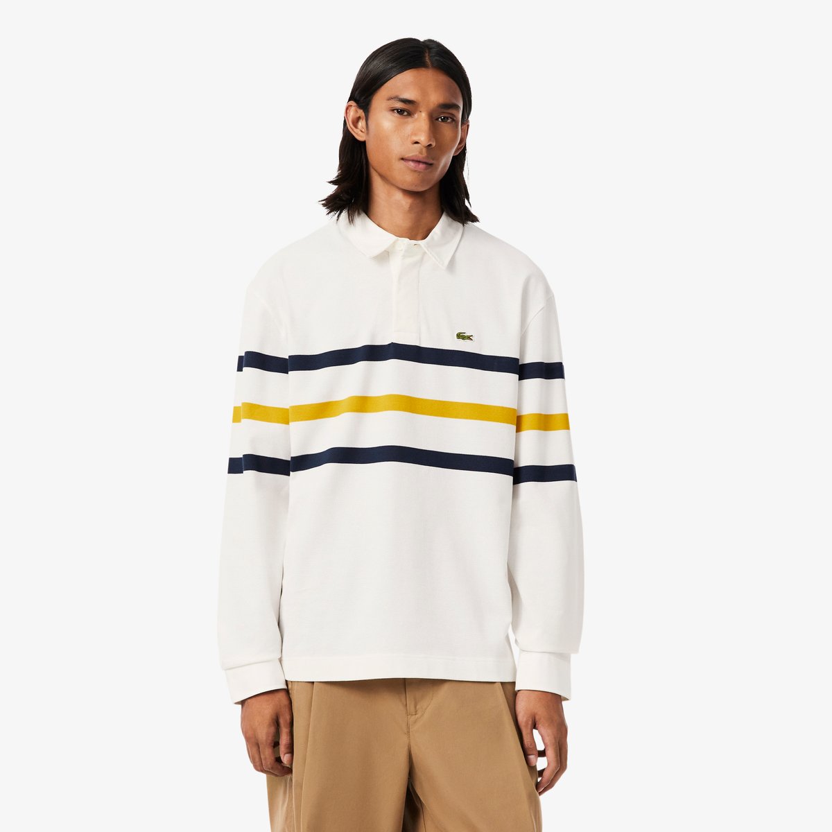 Polo rugby Piqué rayé relaxed fit blanc-70v, LACOSTE
