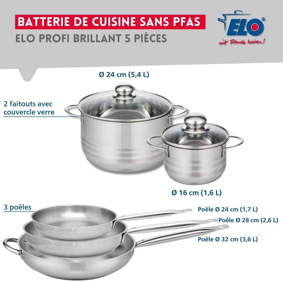 Batterie 3 poêles 24/28/32cm + 2 faitouts 16/24cm PROFI BRILLANT gris, ELO