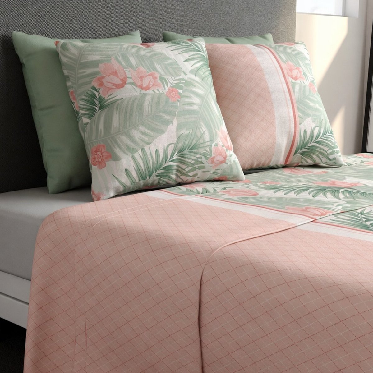 Parure de draps plat en coton imprimée, Bora rose clair, ATELIER DU COTON