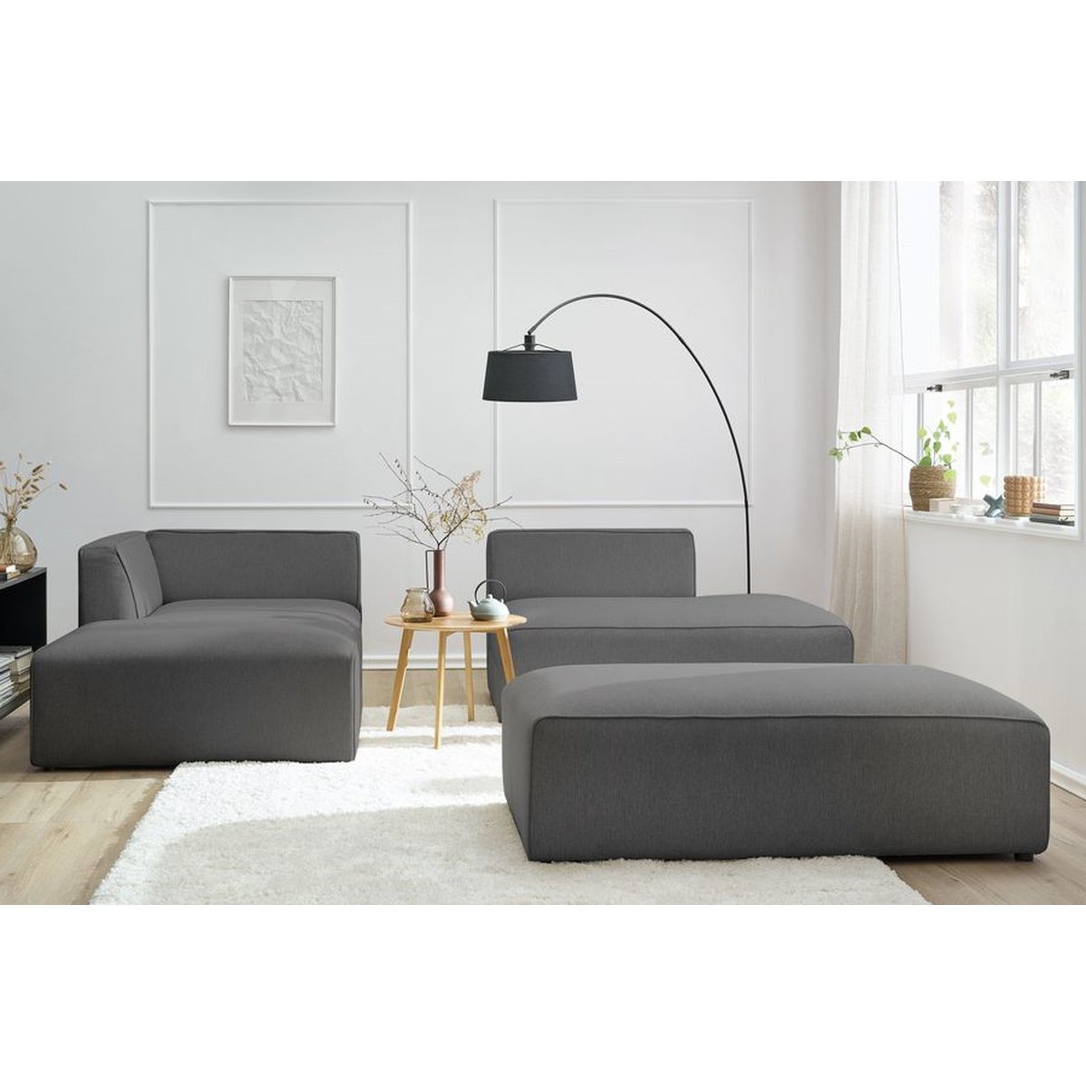 Canapé modulable 5 places en tissu chiné avec pouf, MEGEVE gris foncé, BOBOCHIC