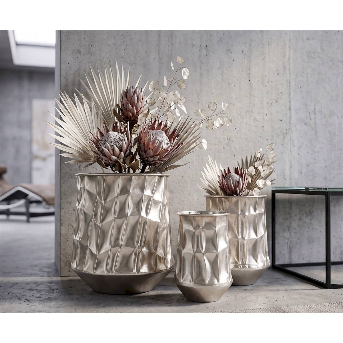 Lot de 3 vases en fer facetté GLAM argenté, RECOLLECTION