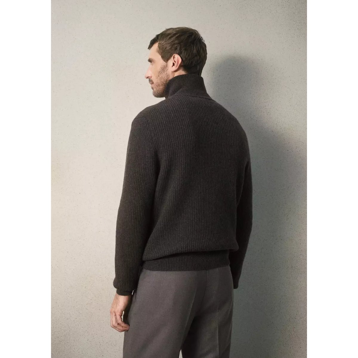 Pull polo en laine à col zippé chocolat, MANGO MAN