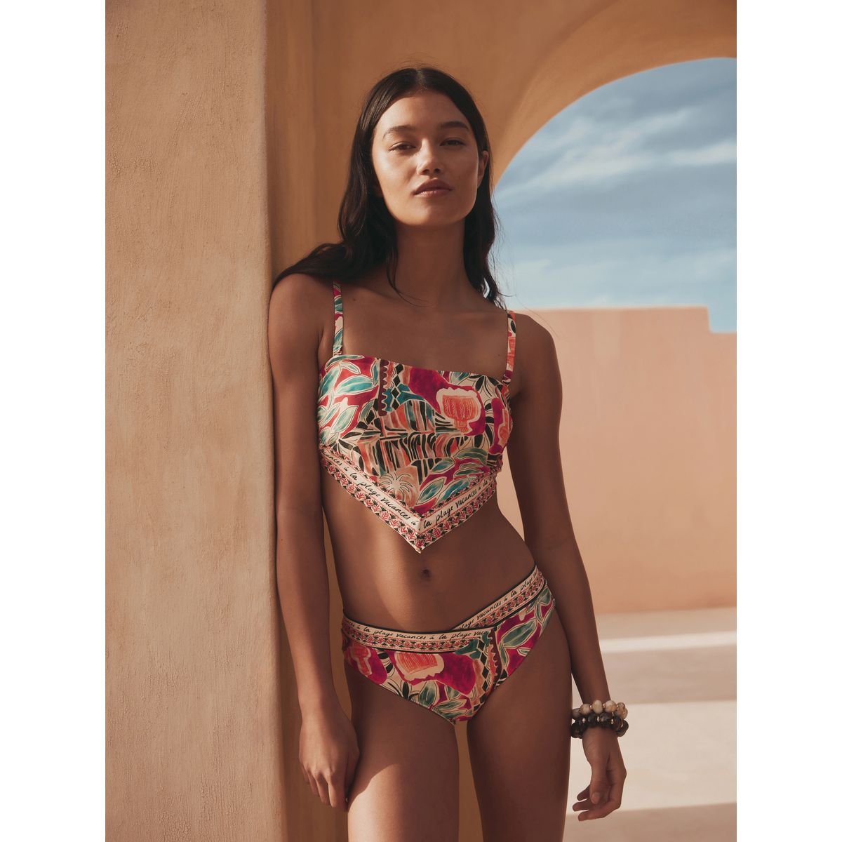 Haut de bikini bandeau avec ourlet mouchoir rouge rouille abstrait, NEXT