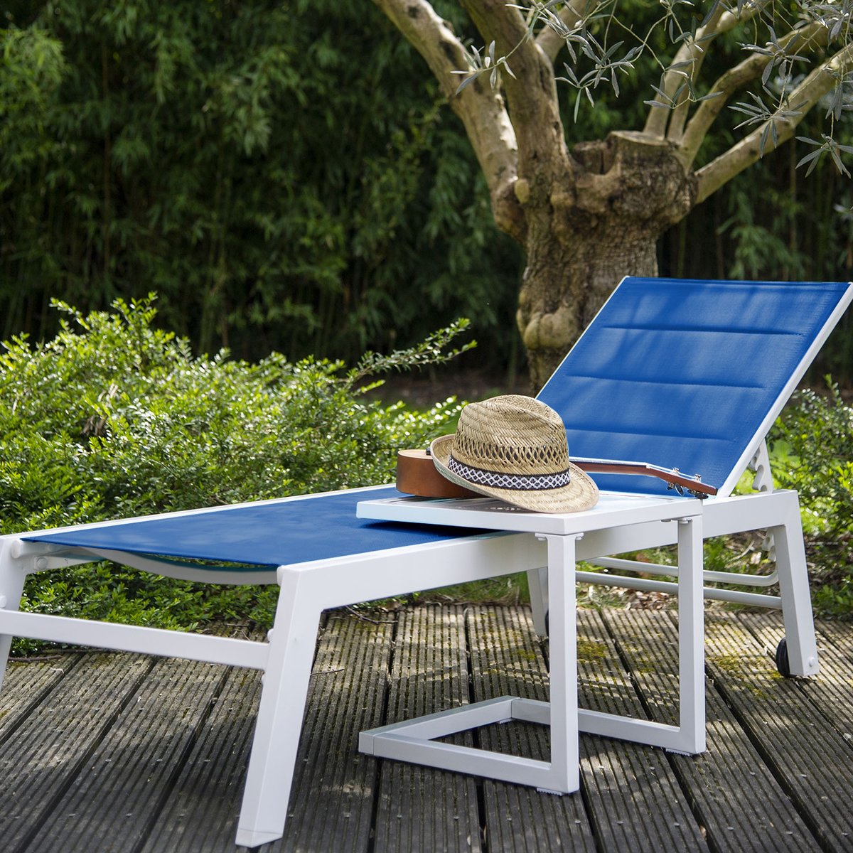 Bain de soleil et table d'appoint, BARBADOS bleu, blanc, HAPPY GARDEN
