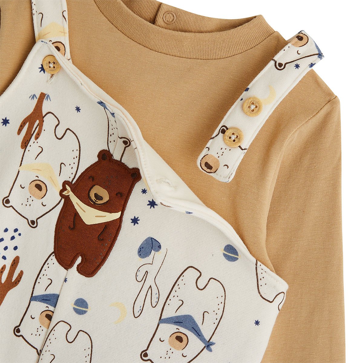 Ensemble salopette bébé en molleton et t-shirt Moka ecru, PETIT BEGUIN