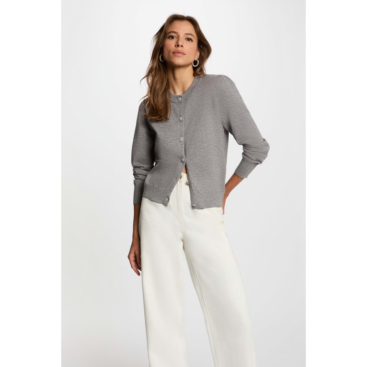 Gilet tricot col rond gris clair, MORGAN