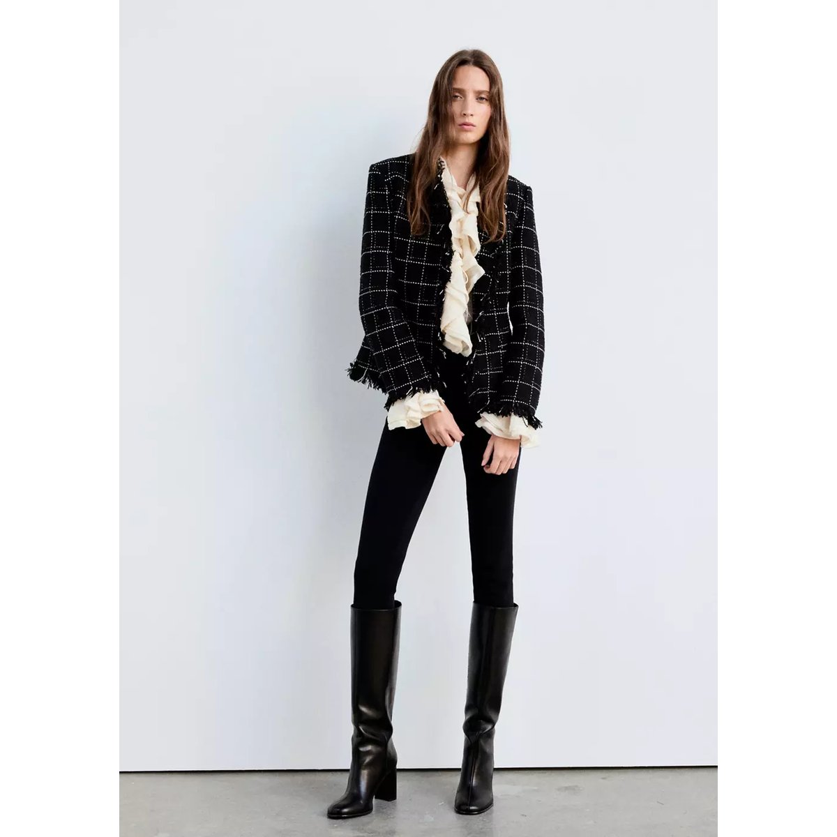 Blazer en tweed à franges noir, MANGO