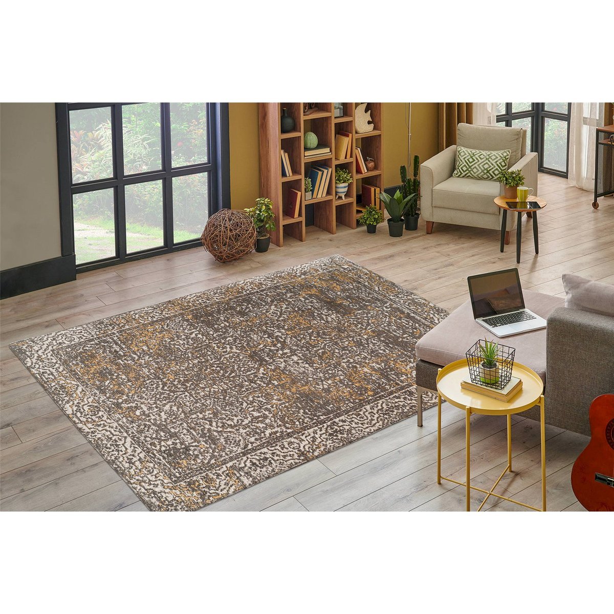 Tapis rectangulaire style oriental beige sable et gris taupe patiné, ARTE ESPINA