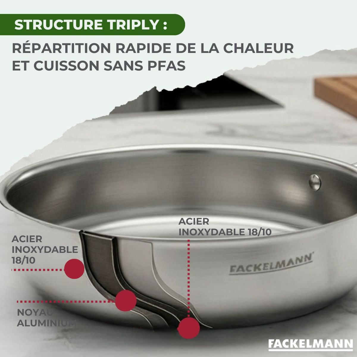Sauteuse 24 cm en inox 18/10 Triply VITA3 inox, FACKELMANN