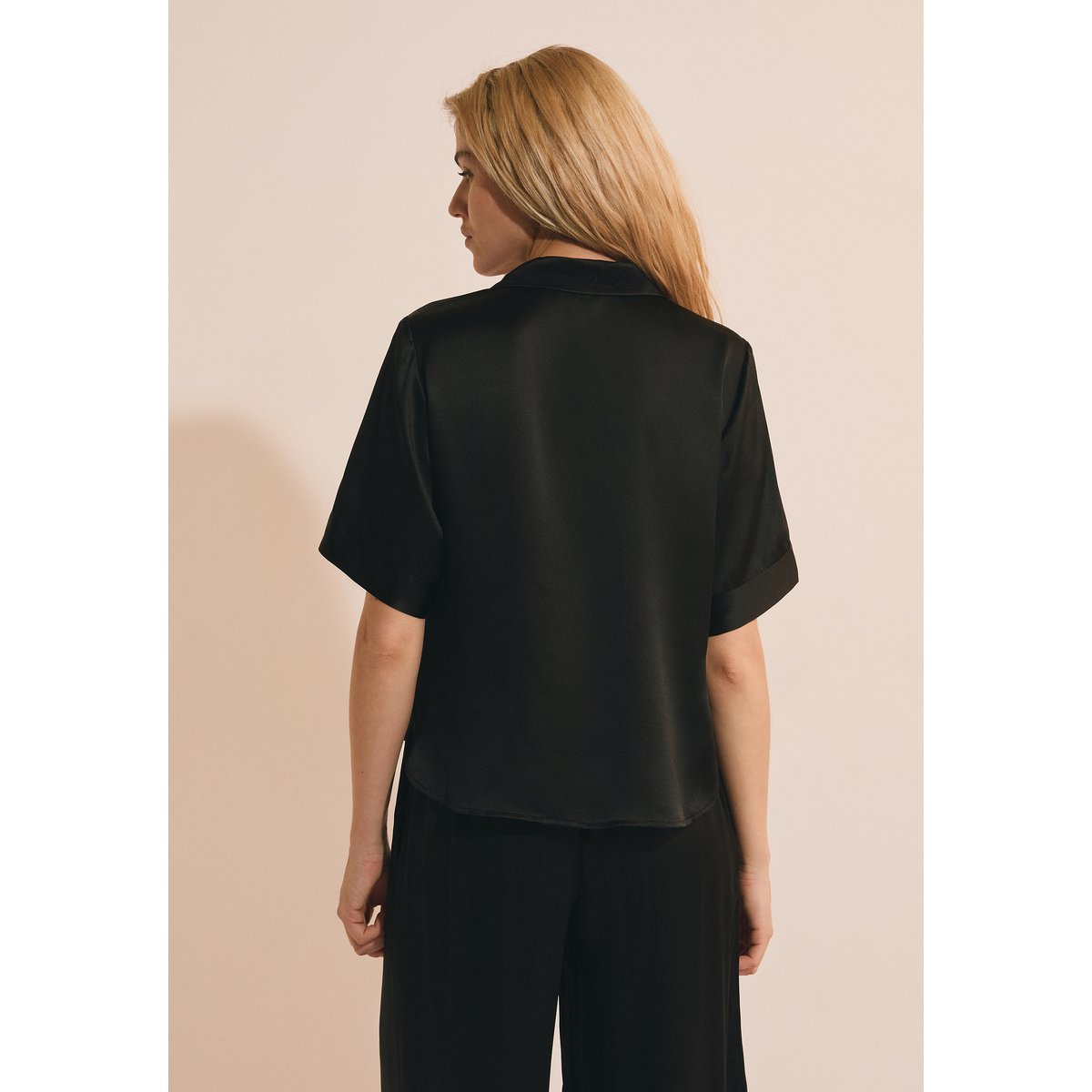 Chemise de pyjama manches courtes en soie PEARLY noir, ETAM