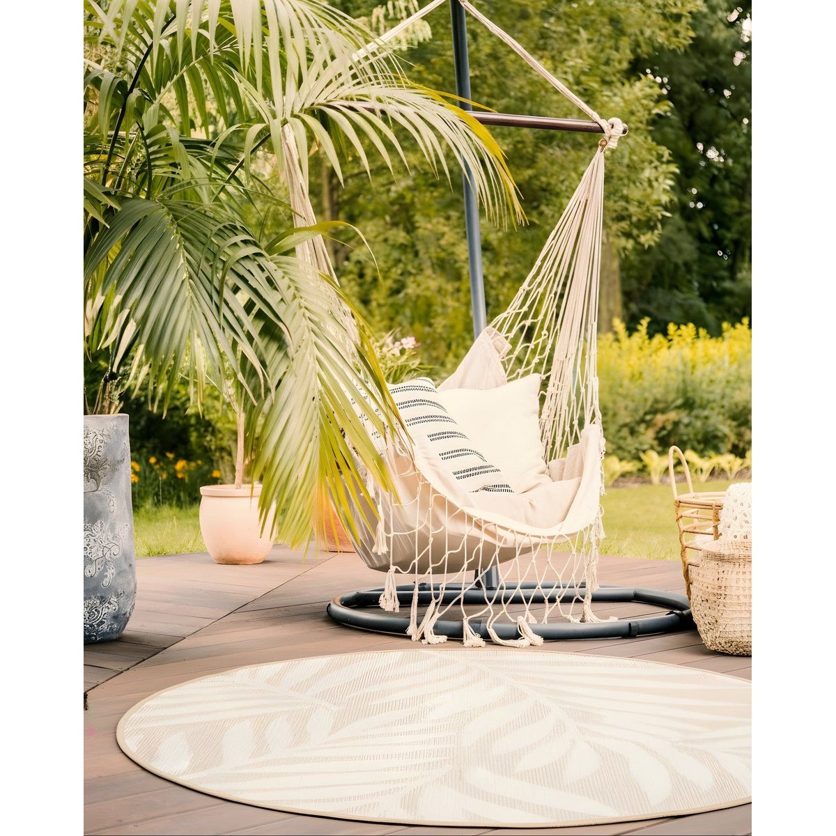 Tapis rond intérieur extérieur fibres recyclées HAVANA beige sable, AFK LIVING