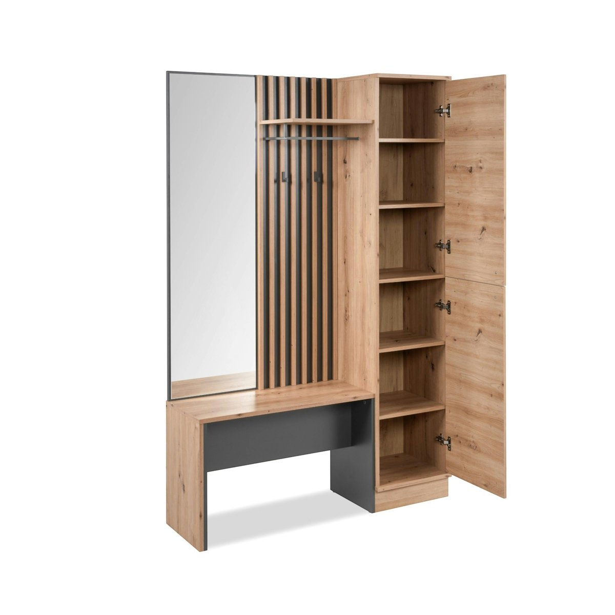Meuble d'entrée vestiaire avec banc et miroir ALVA bois / noir, PIER IMPORT
