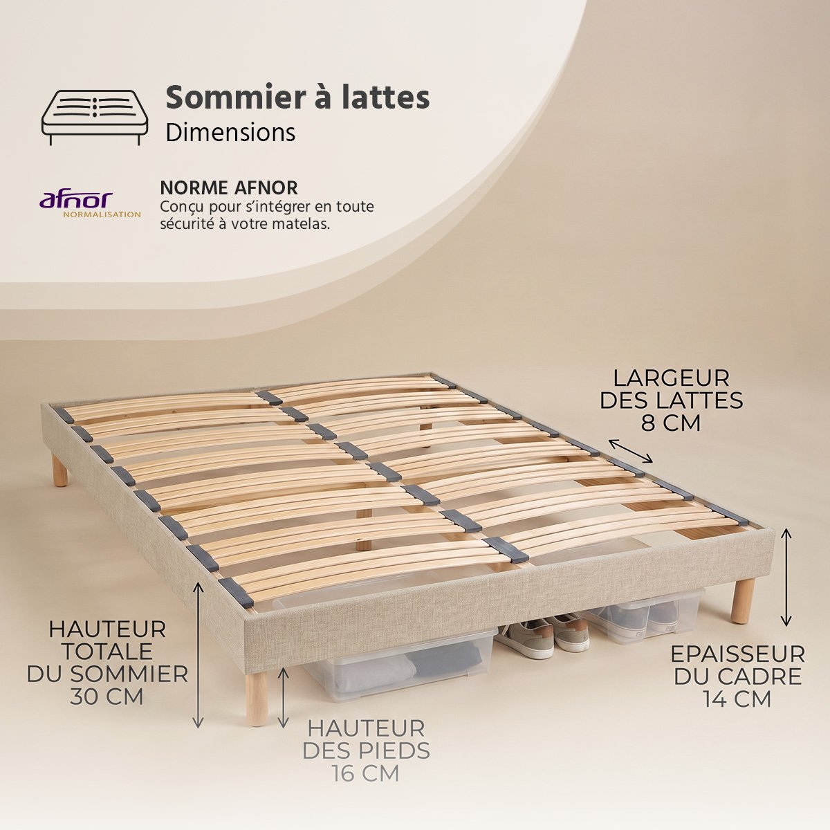 Sommier à lattes en bois Lino 90x190 cm Coloris Beige Livré en kit beige, BELLECOUR
