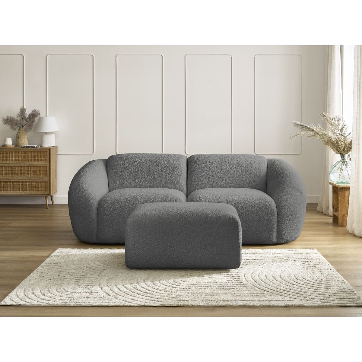 Canapé droit fixe 3 places en tissu bouclette avec pouf, TINA gris foncé, BOBOCHIC