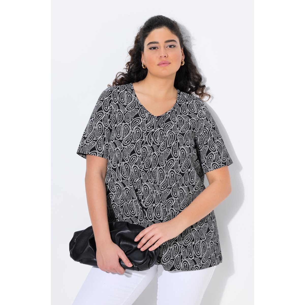 T-shirt avec plis fantaisie noir, ULLA POPKEN