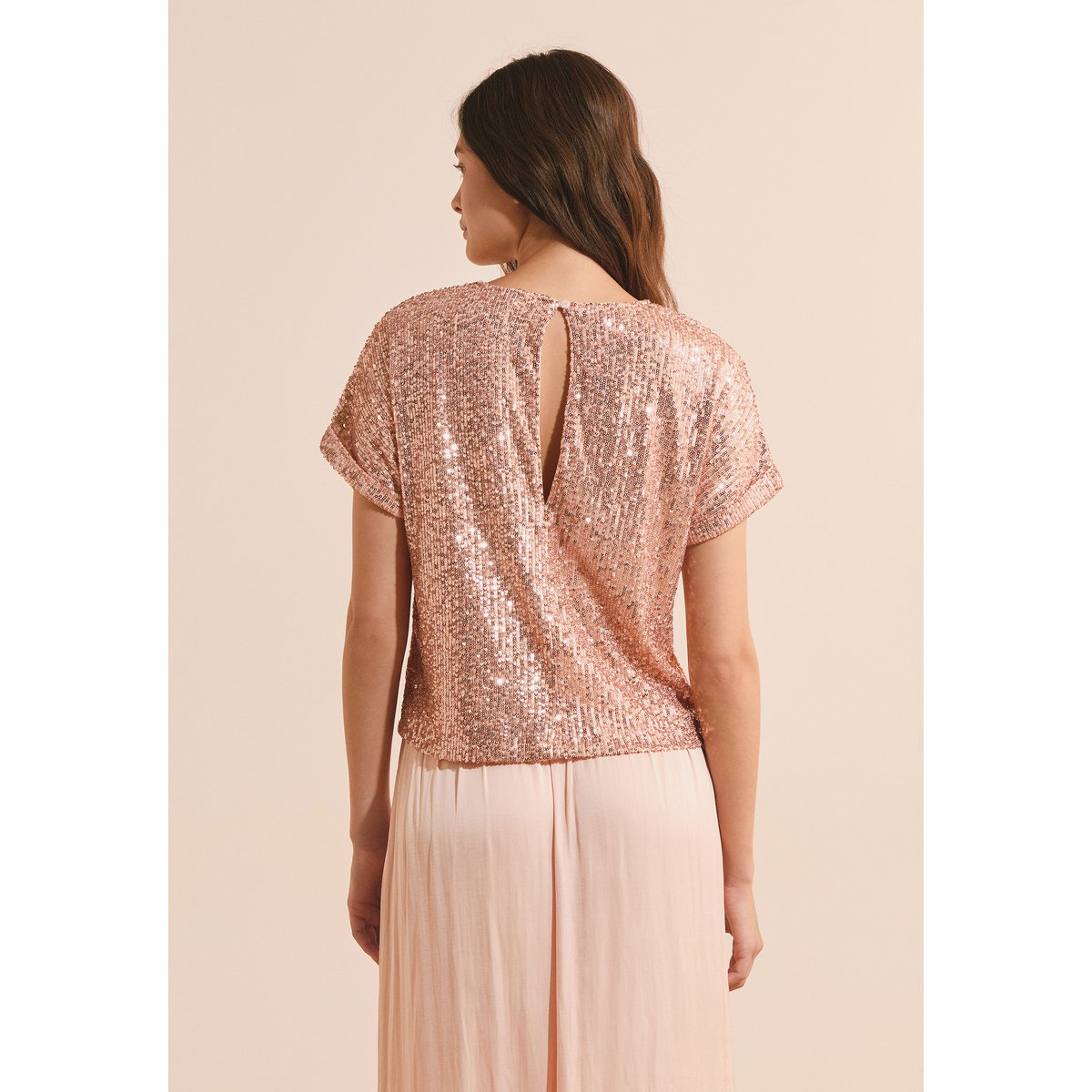 T-shirt manches courtes à sequins HARMONIE saumon peche, ETAM