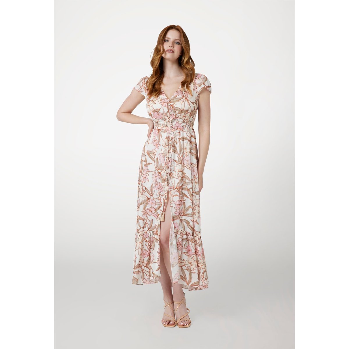 Robe Longue Jacquard Froissé rose floral, GUESS