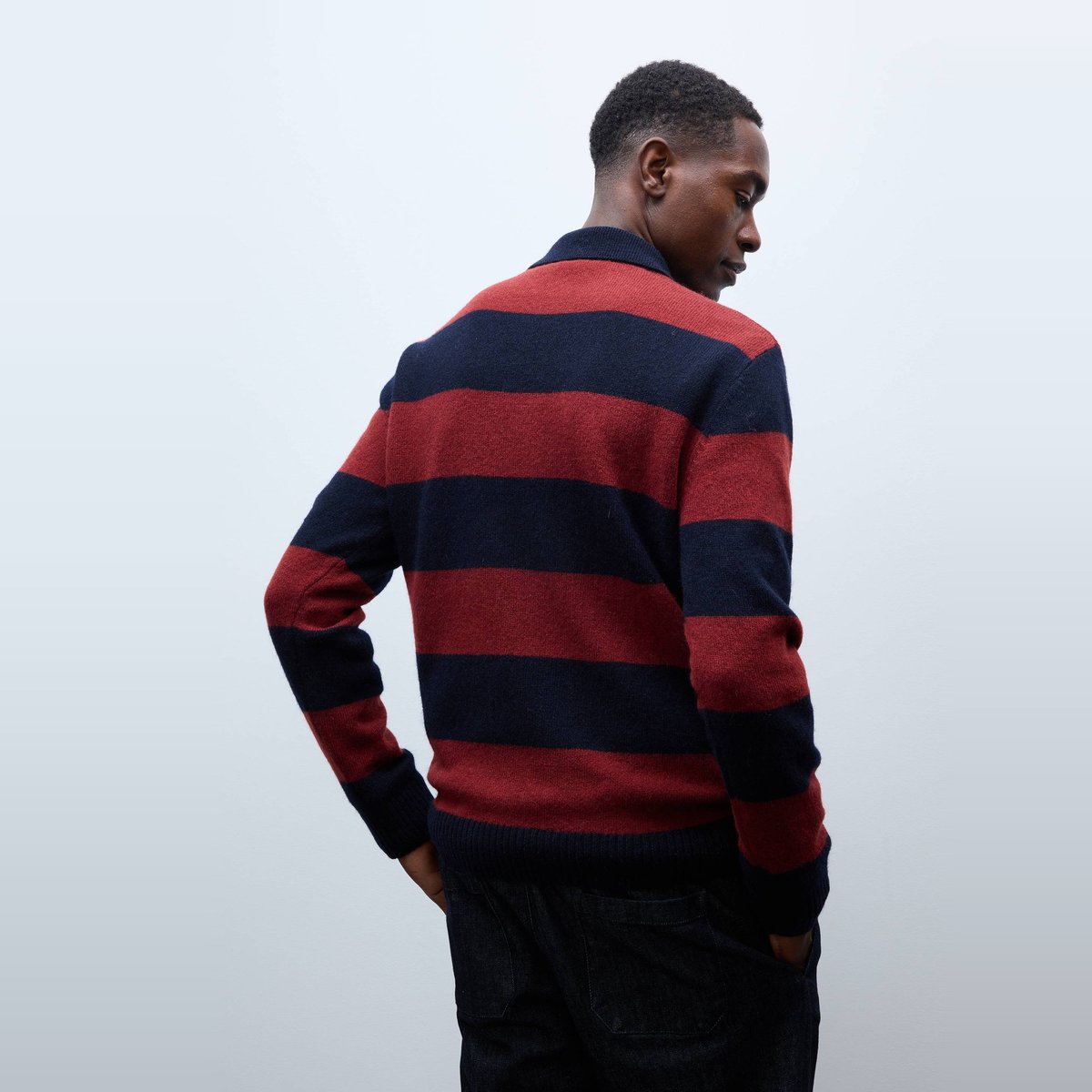 Pull en laine rayé col polo zippé marine, MONOPRIX