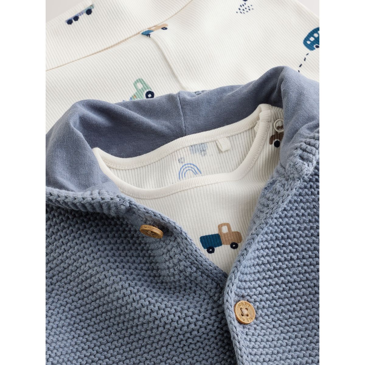 Cardigan en maille, body et legging bébé transports bleus, NEXT