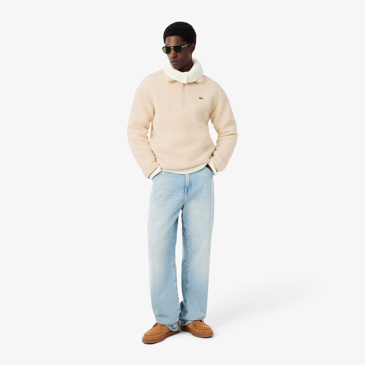 Sweatshirt col montant zippé sherpa beige-056, LACOSTE