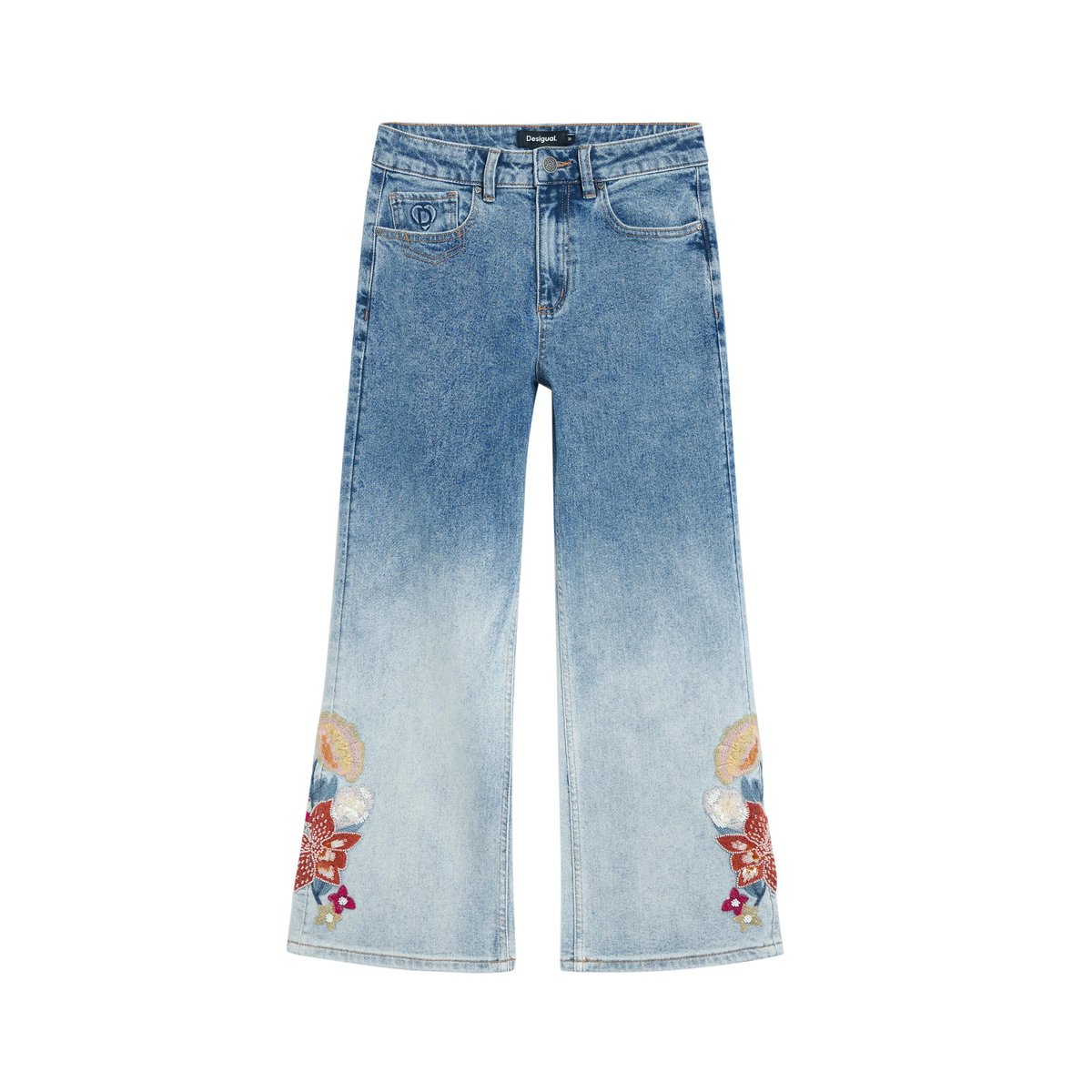 Pantalon jean culotte brodés bleu clair, DESIGUAL