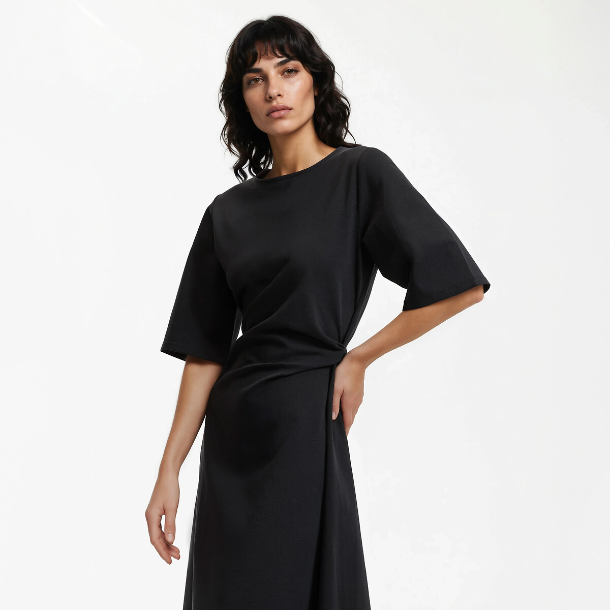 Abito midi lungo fino al gomito con drappeggio in vita nero , LA REDOUTE COLLECTIONS
