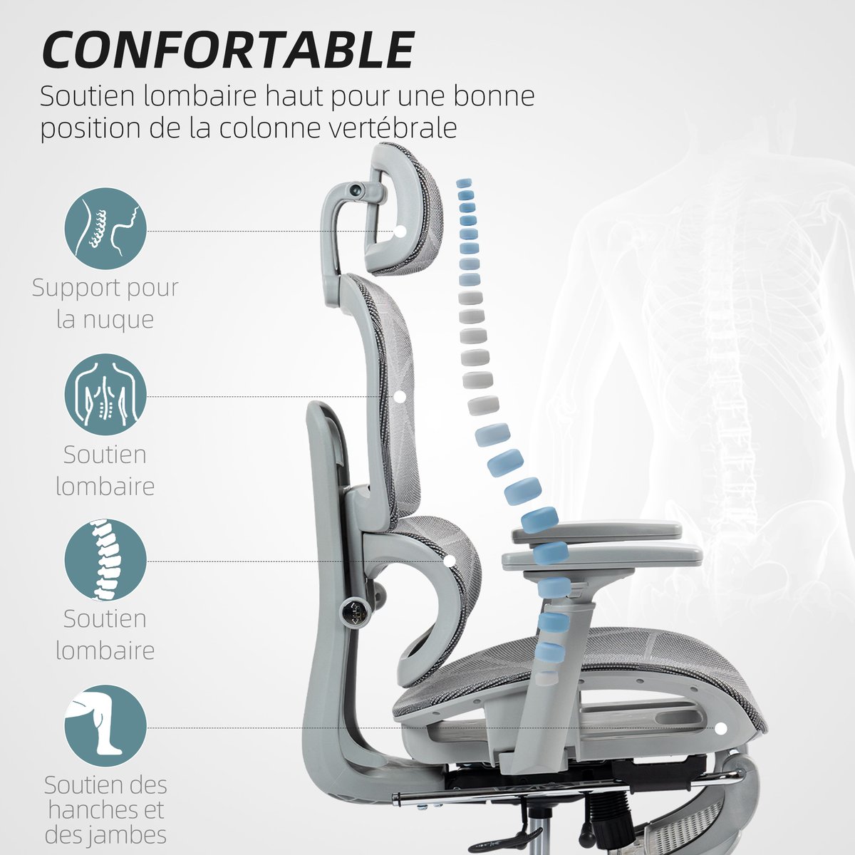 Chaise de bureau Maille (100 % polyester) gris, HOMCOM