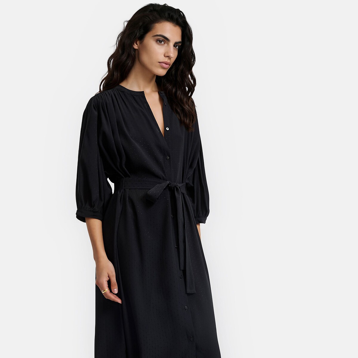 Robe midi, à manches bouffantes, en viscose noir, LA REDOUTE COLLECTIONS
