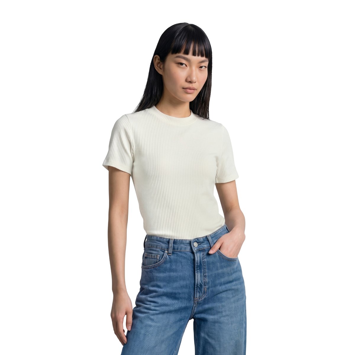 T-shirt en jersey côtelé slim en coton biologique mélangé extensible blanc, MARC O’POLO DENIM
