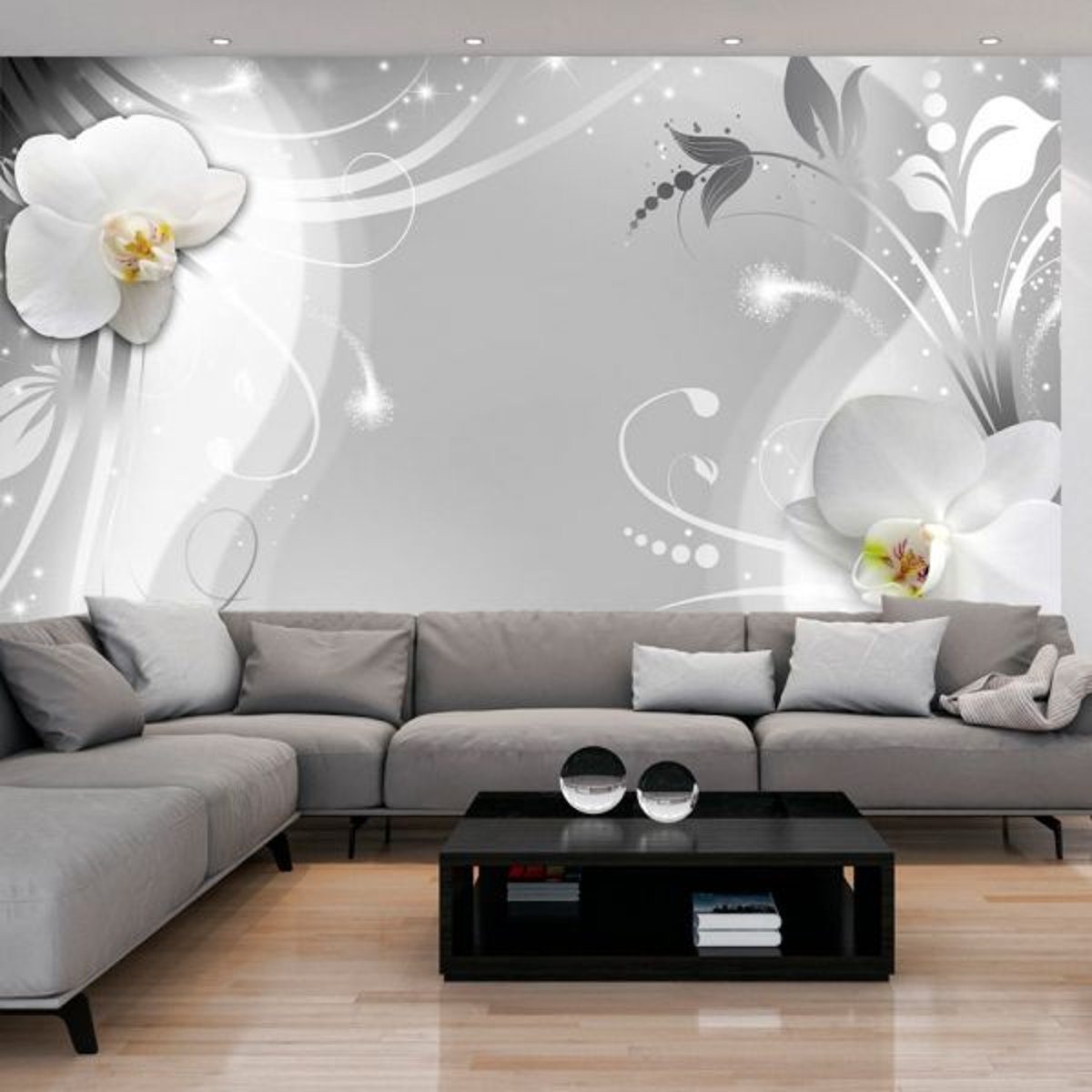 Papier peint intissé panoramique Fleurs Charming orchid gris / argent, EDEN