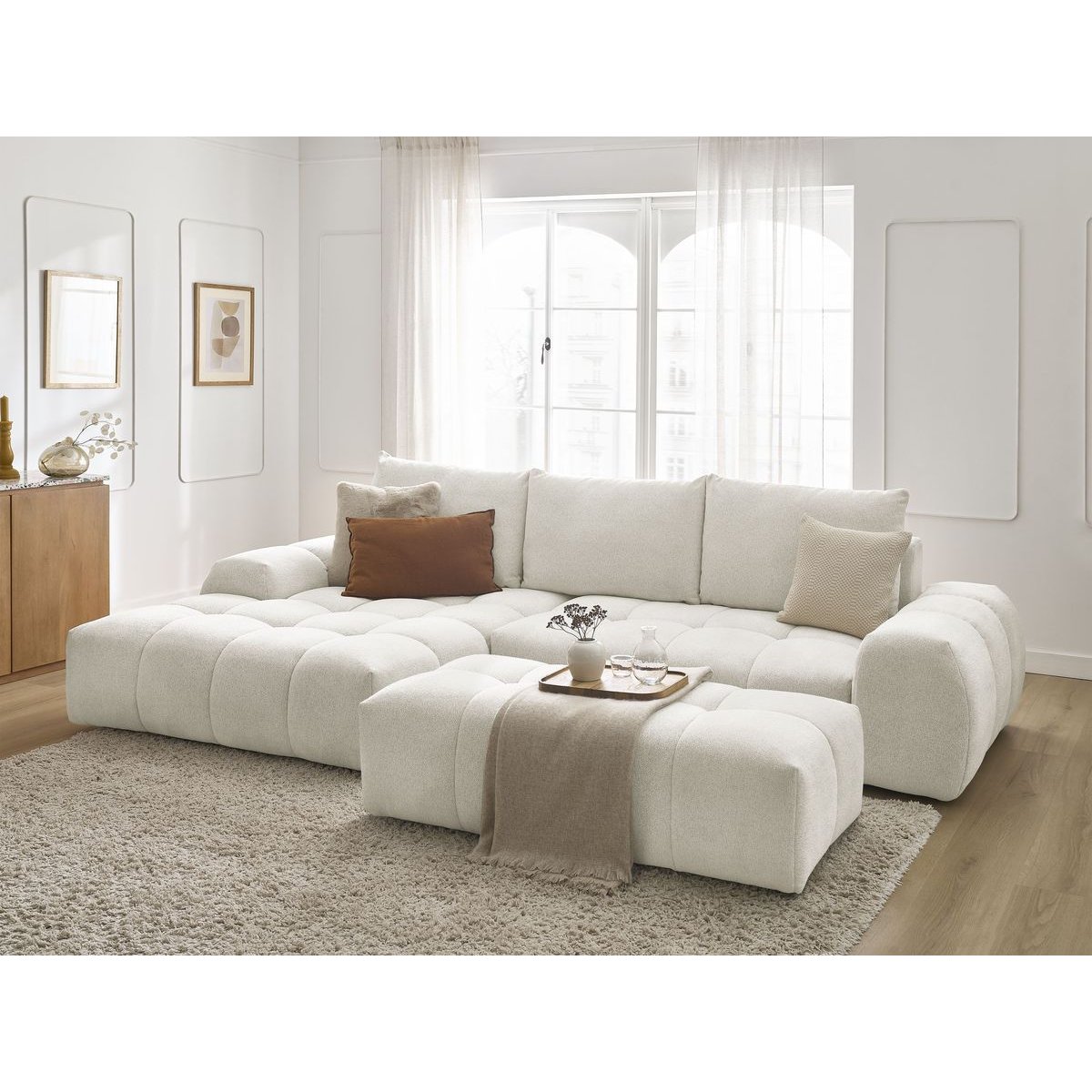 Canapé d'angle convertible 4 places en tissu chiné avec pouf, EVEREST blanc, BOBOCHIC