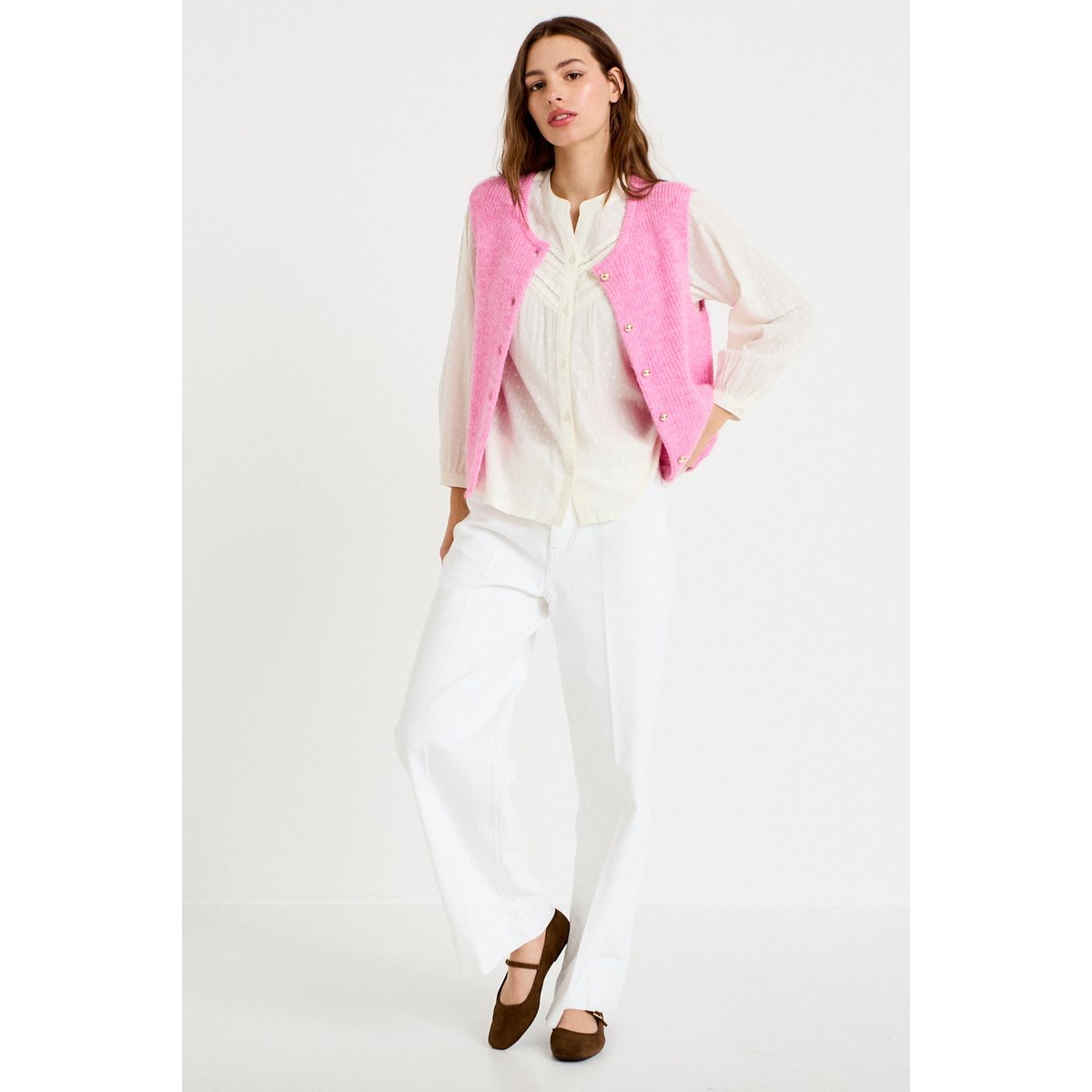 Blouse droite col rond manches longues ecru, CACHE CACHE
