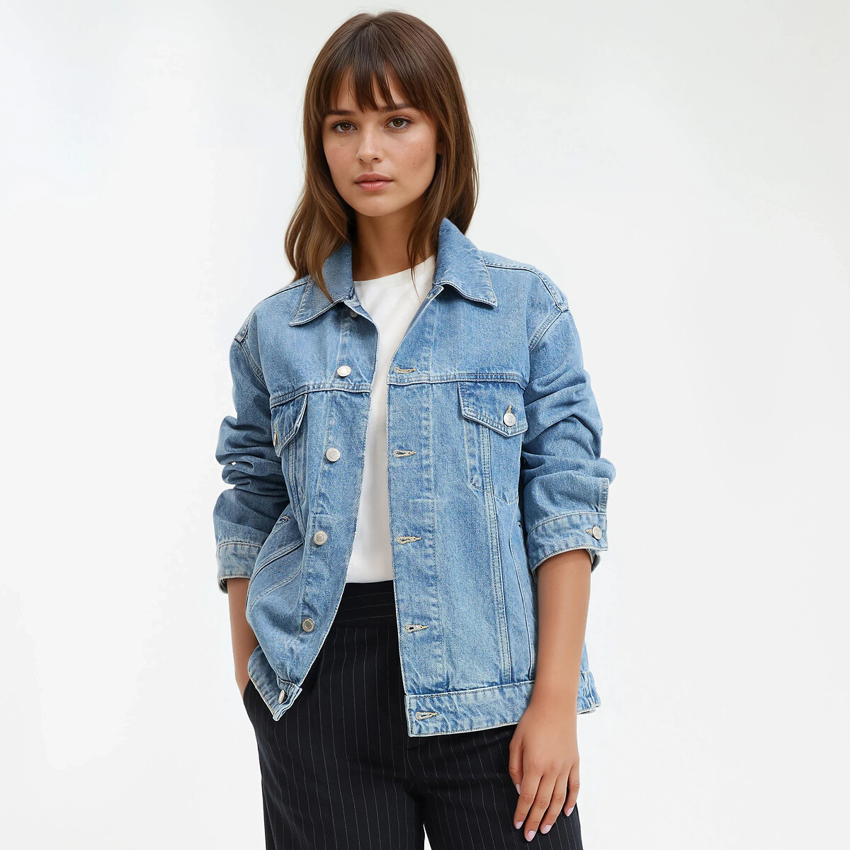 Veste oversize boutonnée en denim bleu bleach, LA REDOUTE COLLECTIONS