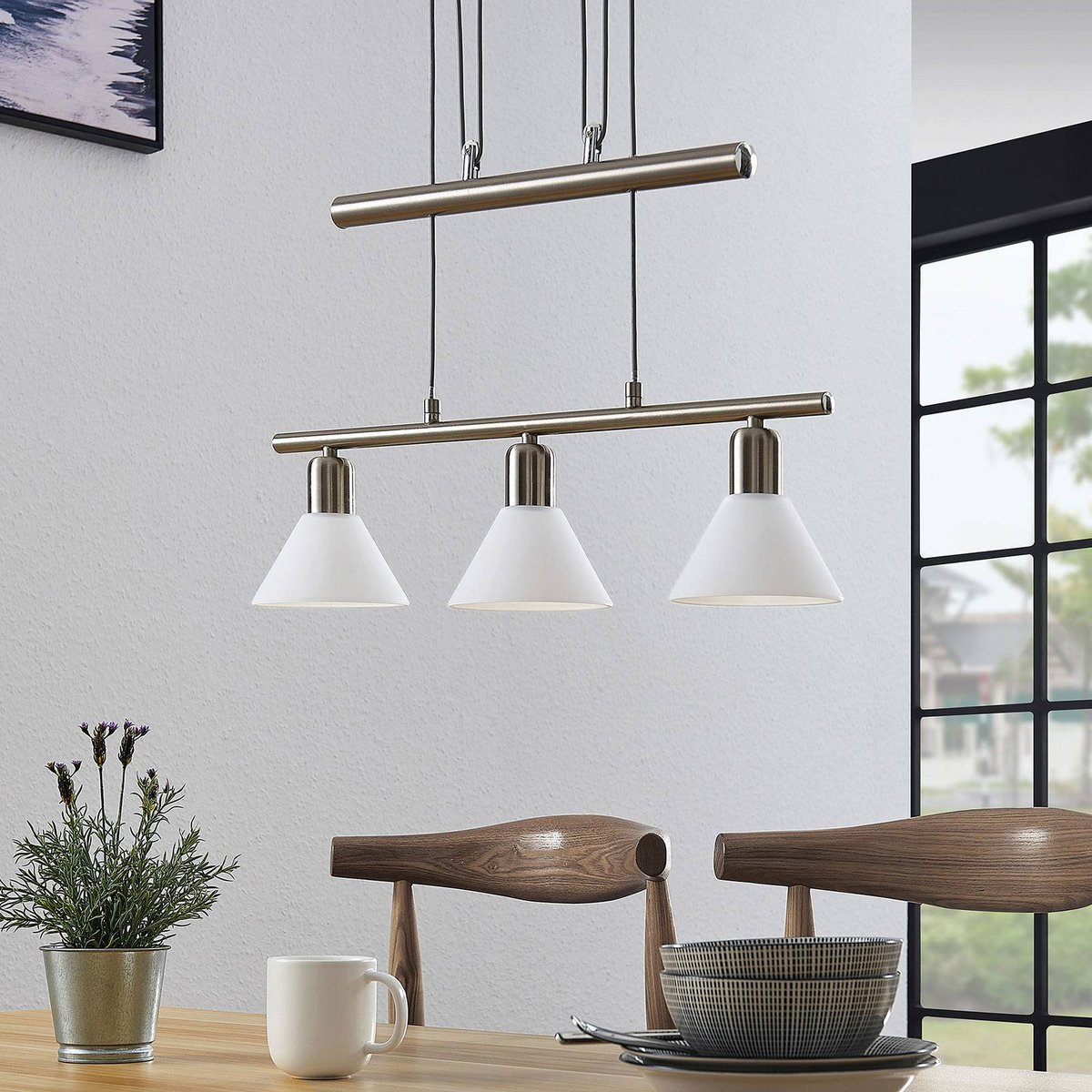 Suspension en métal moderne, Delira blanc, nickel satiné, LINDBY